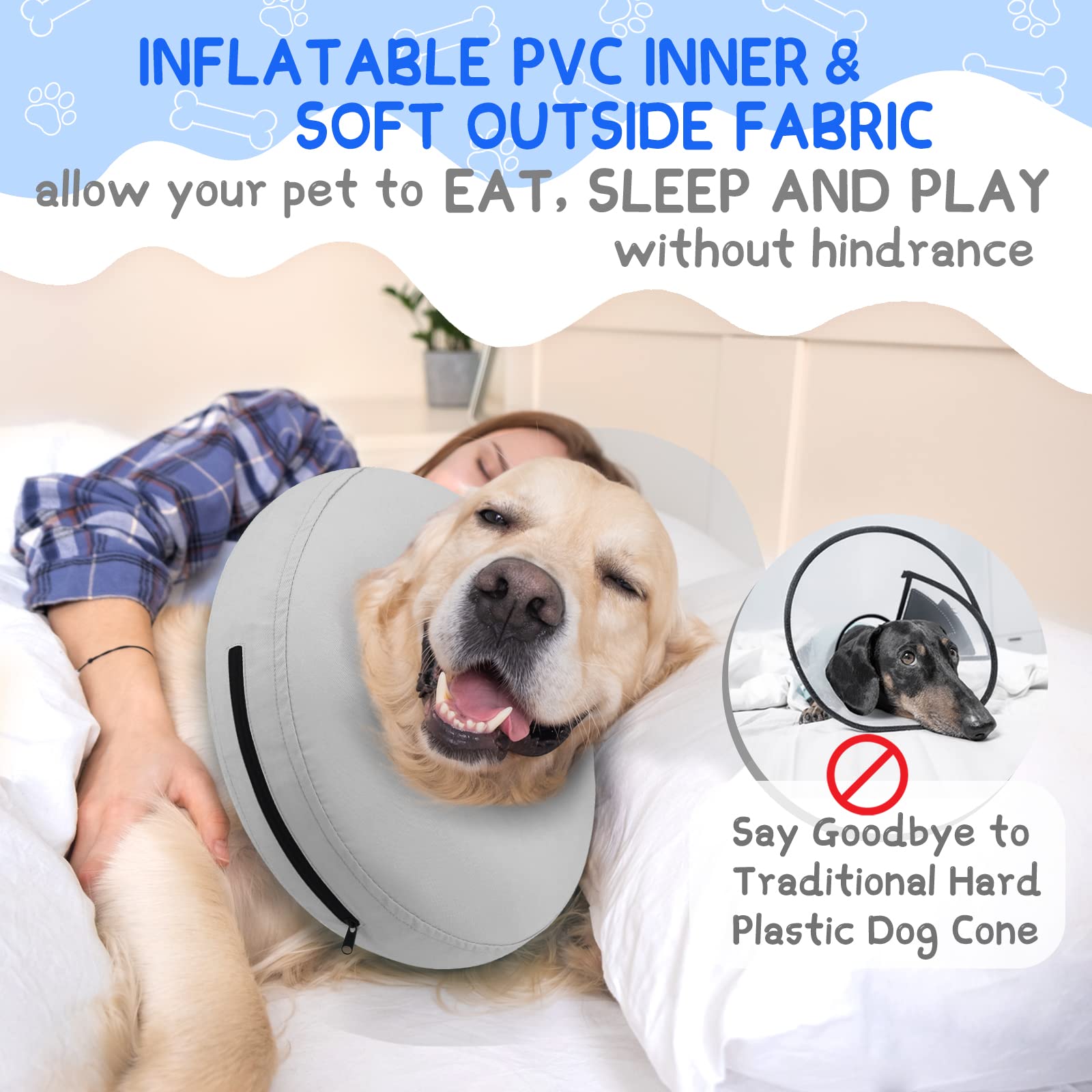 Supet collar inflable con tejido antiadherente facilita limpieza y reduce pelos.
