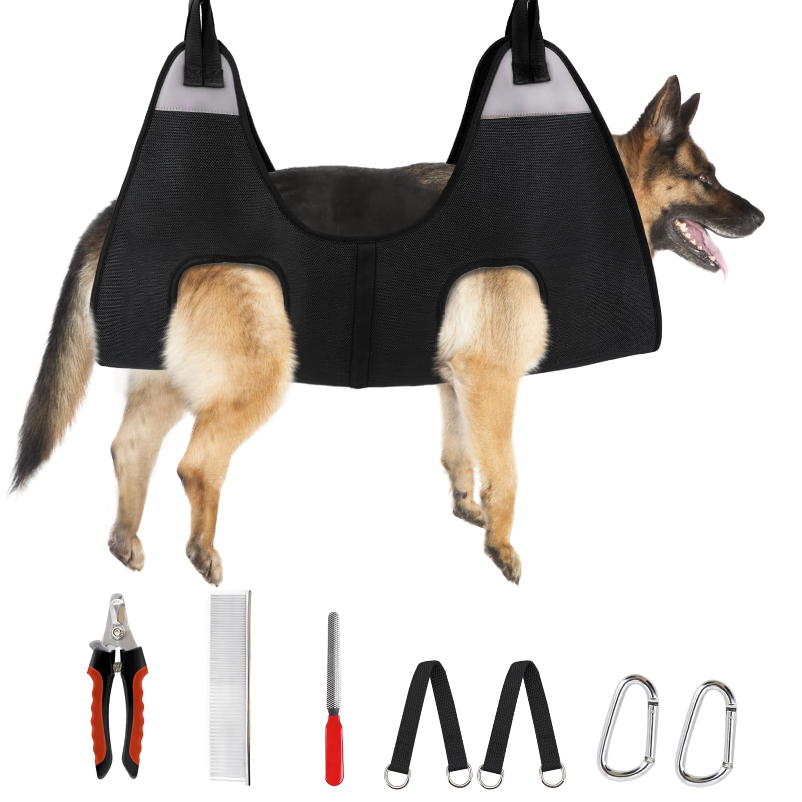 Supet hamaca de grooming para perros en uso, facilita el recorte de uñas.