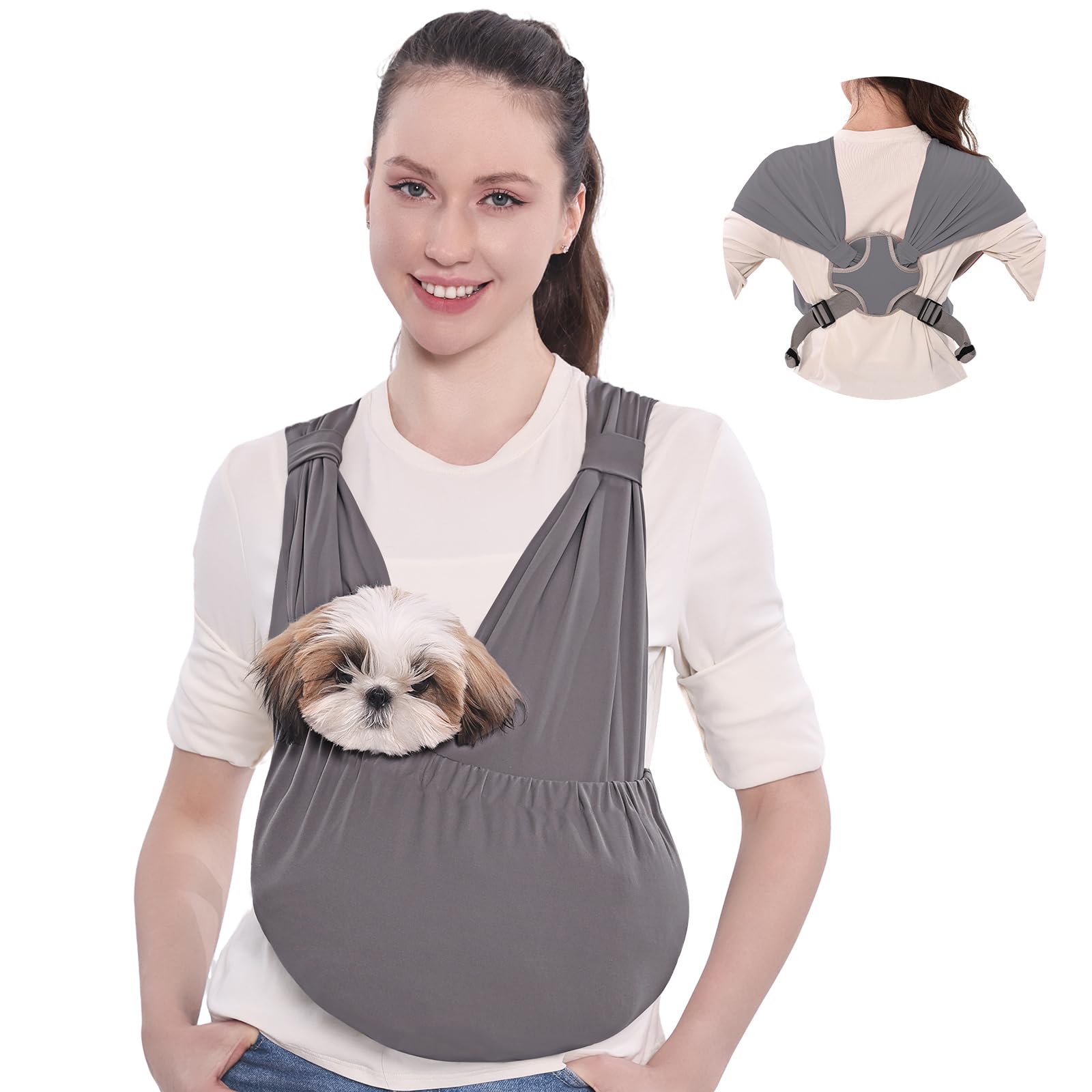 Supet portador frontal gris, diseño ergonómico para paseos cómodos.