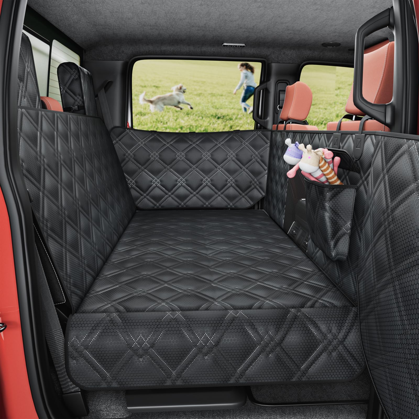 Surfcabin extensor de asiento trasero para perros protege las puertas y ofrece espacio seguro.