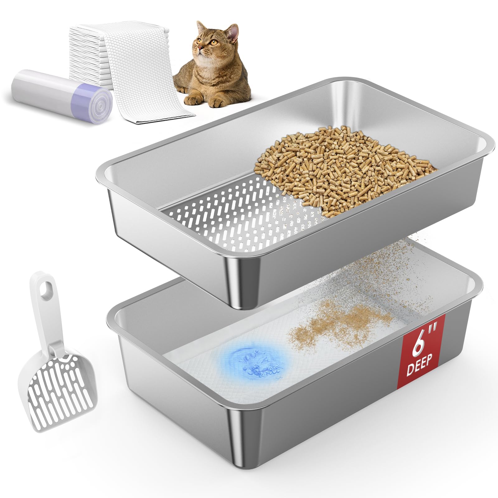 SuzziPaws bandeja XL de acero inoxidable con acceso amplio para gatos grandes