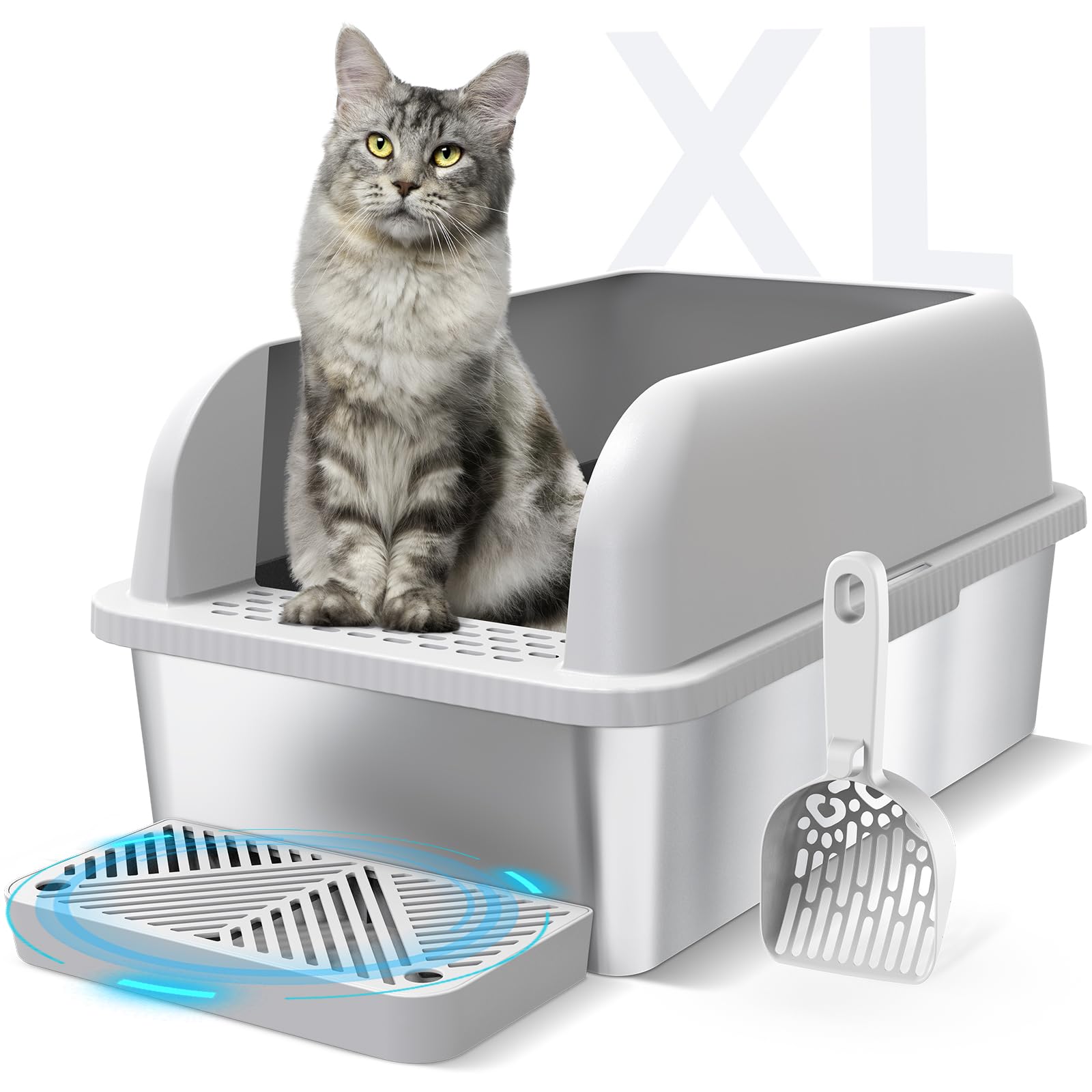 Suzzipaws: caja de arena de acero inoxidable con tapa alta para gatos grandes.