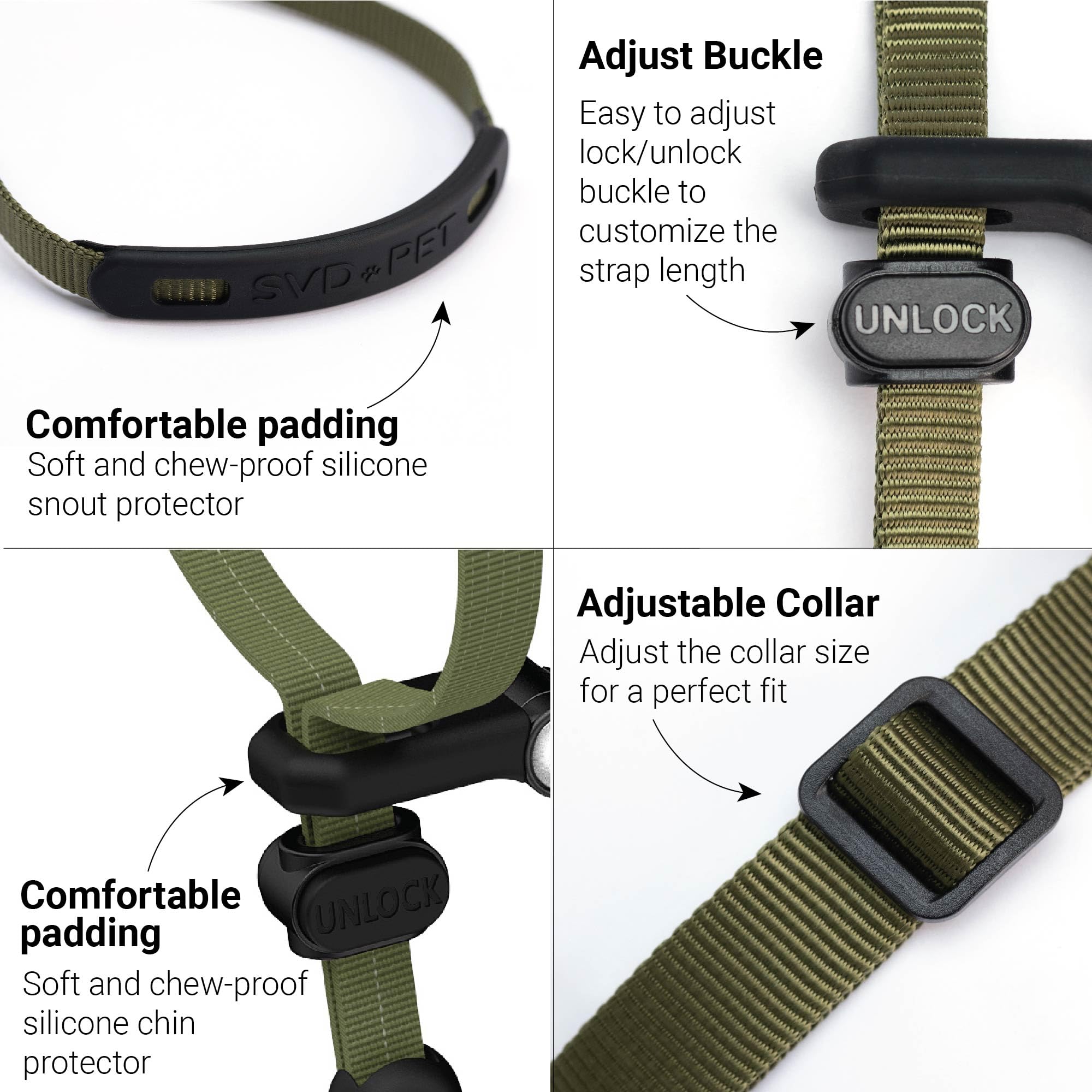 Collar frontal SVD.PET con hebilla de ajuste para mayor seguridad.