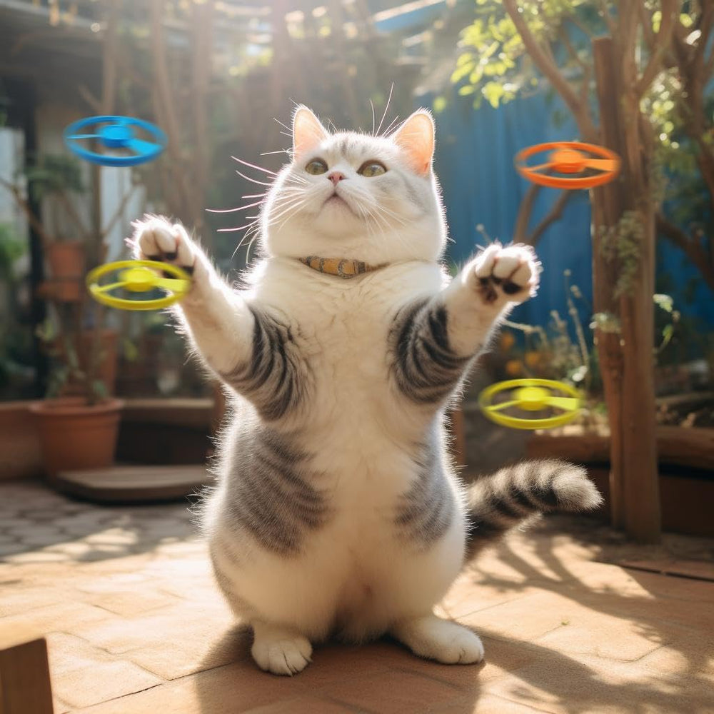 Discos de colores variados de Svemei atraen la atención del felino.