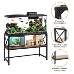 SwaaVee estante acuario: materiales de acero negro mate y madera cálida.