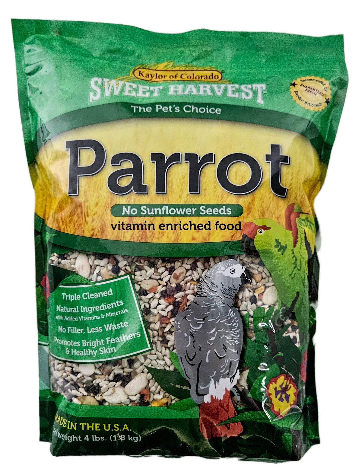 Sweet Harvest mezcla de semillas para loros en empaque compacto, lista para uso diario.