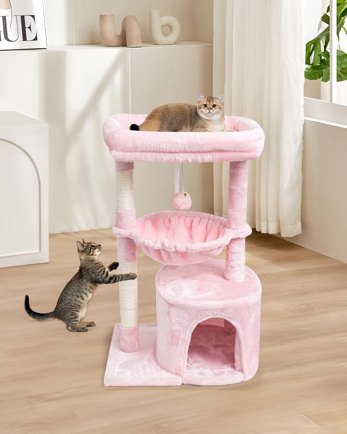 SYANDLVY dos-postes-rascador-gato-rosa: doble poste reforzado para rascar y ejercitarse.