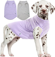 SyChien camisa perro refrescante rayado púrpura gris blanco, ideal para paseos veraniegos.