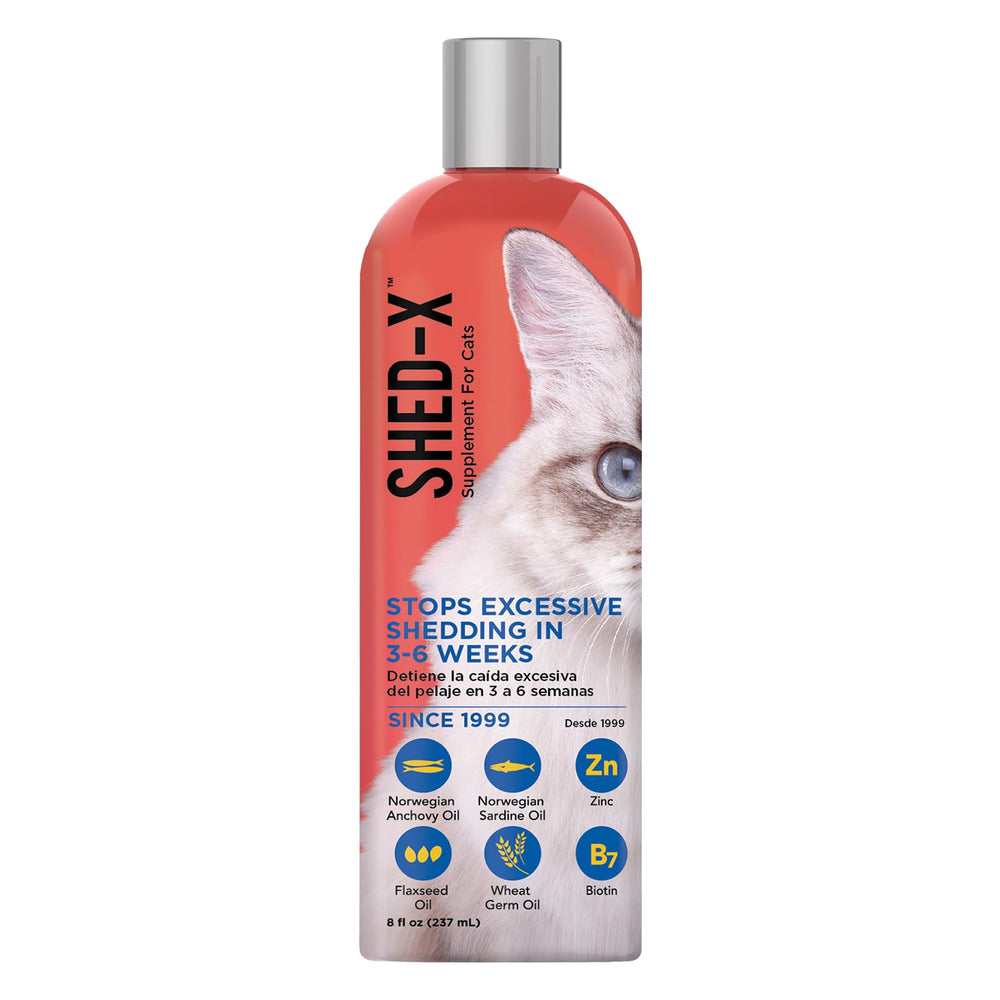 Shed-X en botella, primer plano para apoyar un pelaje saludable.