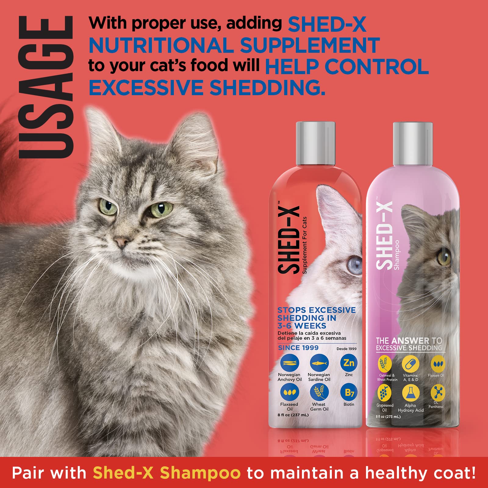 Shed-X ayuda a un pelaje saludable y brillante de un gato.