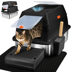 Caja SZEE de acero inoxidable XL con salida superior, fácil limpieza y gran espacio para gatos.