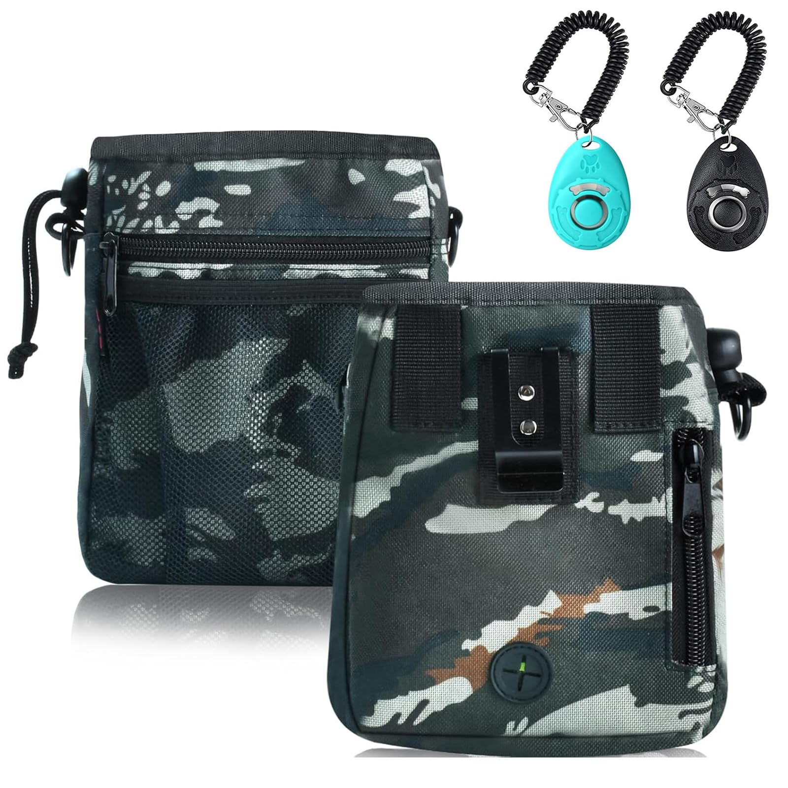 La bolsa SZO para perros en camuflaje ofrece alta capacidad para premios y accesorios.