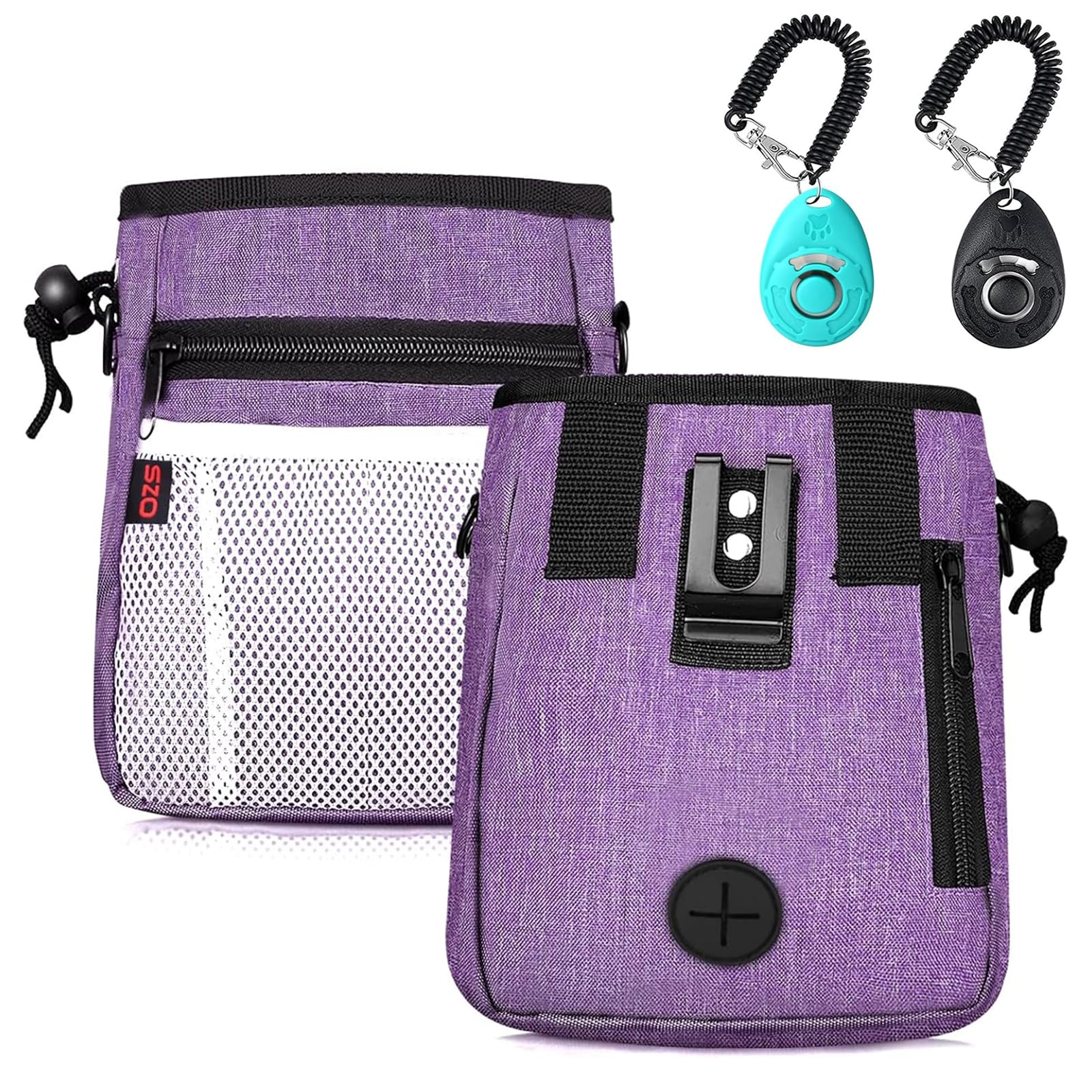 SZO bolsa de premios para perro, vista frontal, gran capacidad para golosinas y accesorios.