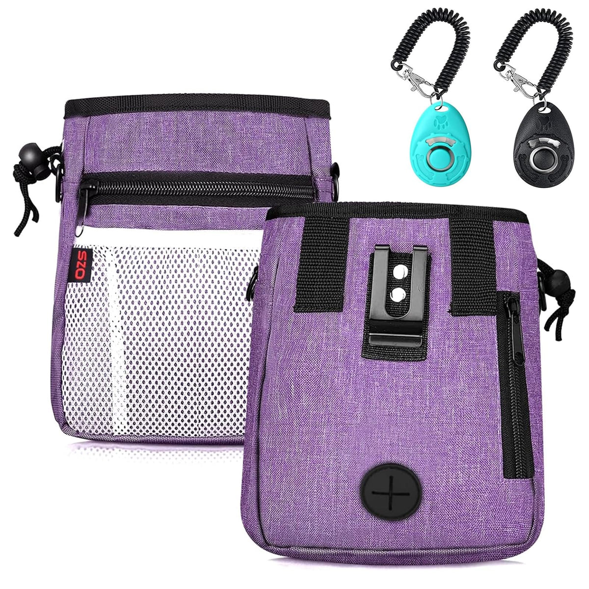 SZO bolsa de premios para perro, vista frontal, gran capacidad para golosinas y accesorios.