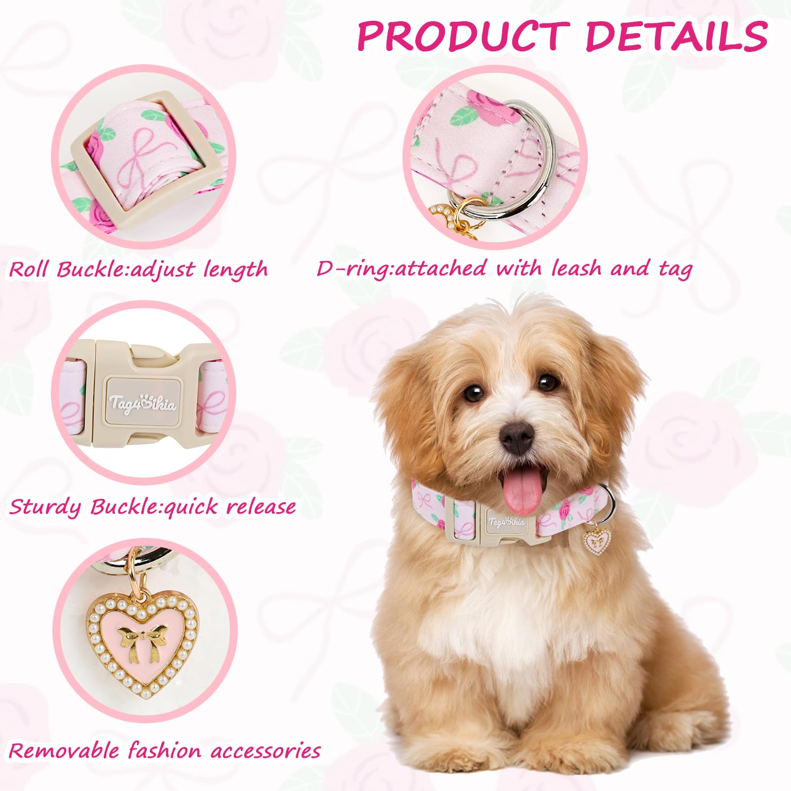 Tag4oikia collar para perros pequeños con bordado rosado y estilo chic.
