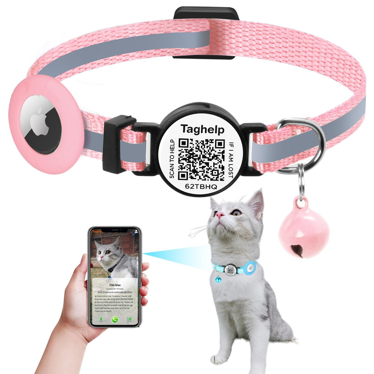 Collar Taghelp AirTag reflectante rosa para localizar al gato por la noche