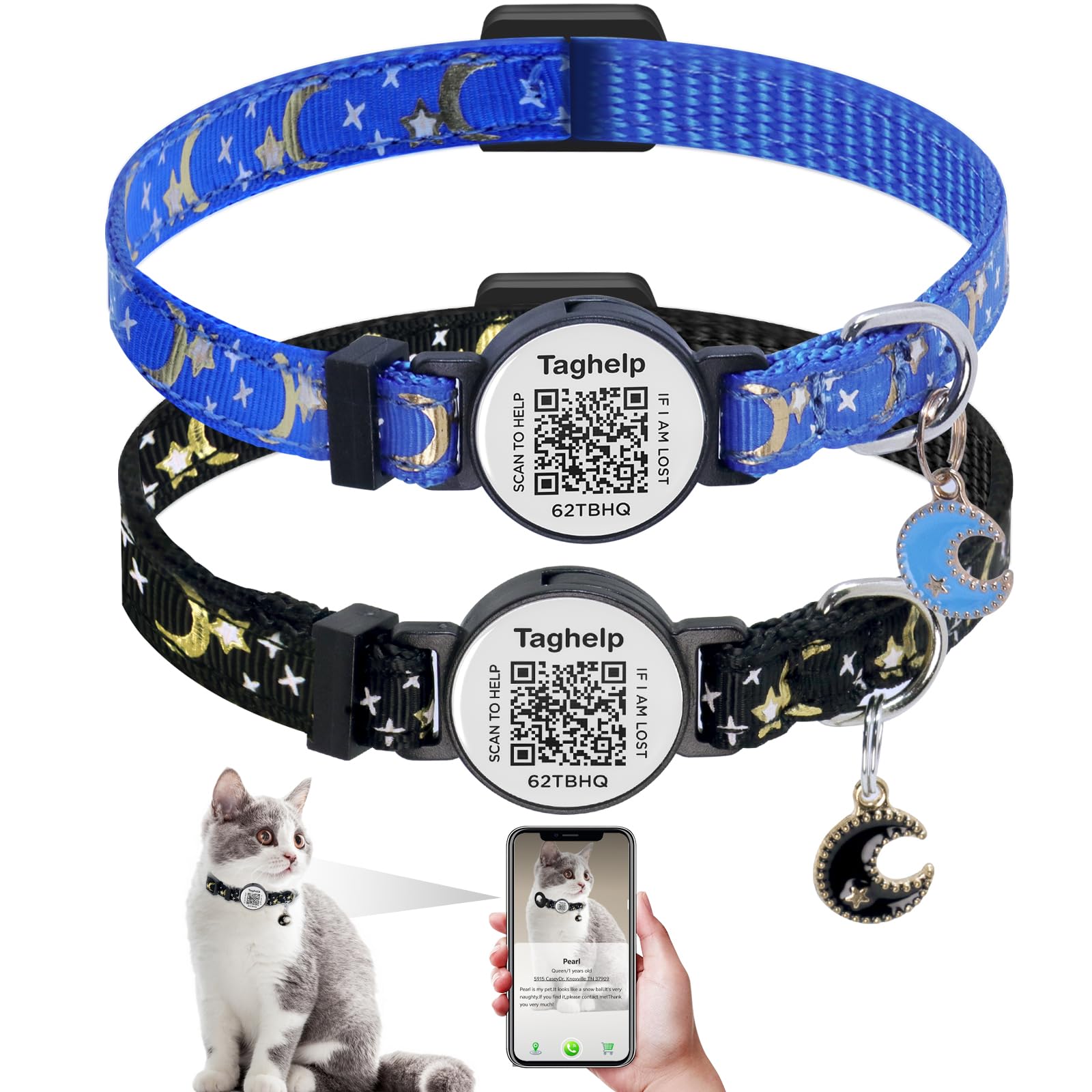 Taghelp collar gato con diseño luna-estrellas para mayor visibilidad nocturna.