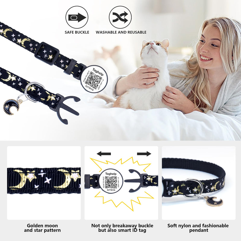 Taghelp collar gato con etiqueta QR, facilita actualizar contactos de emergencia.