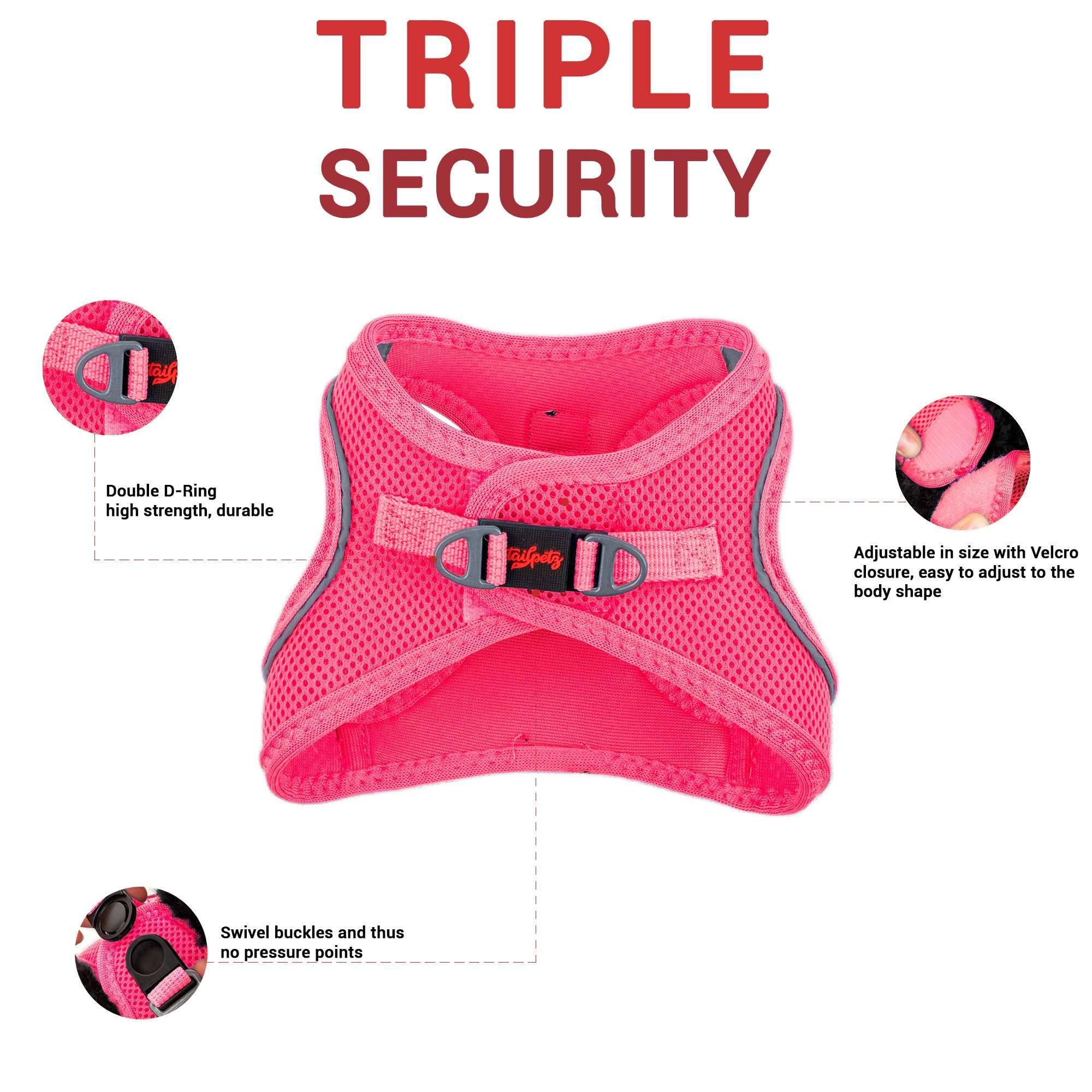 Tailpetz arnés perro XS rosa neón, diseño reflectante para mayor visibilidad nocturna.