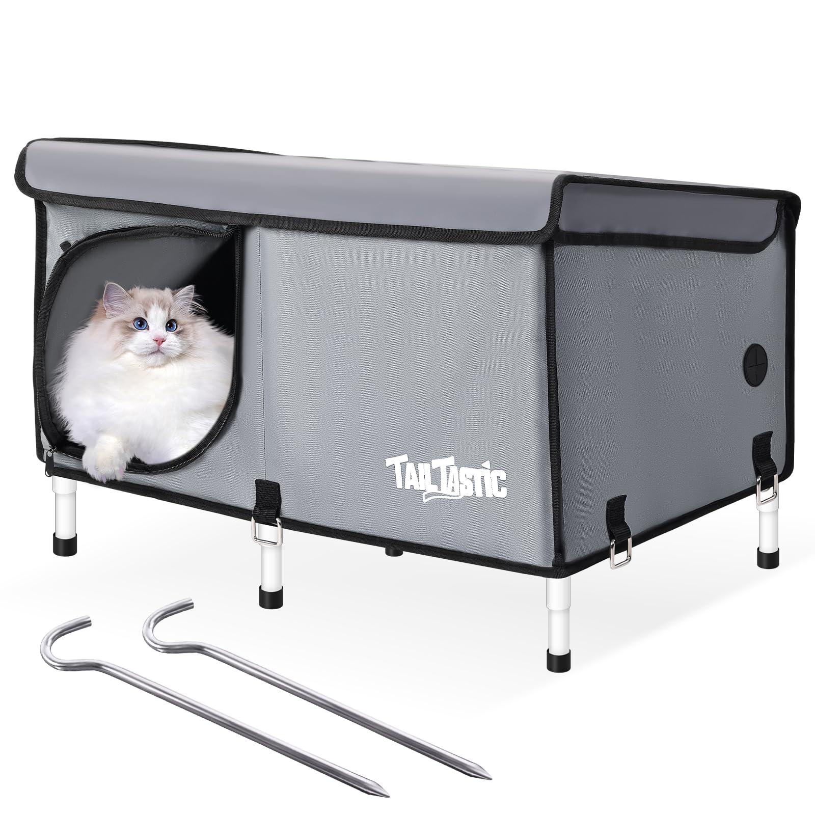 TailTastic casa-gato exterior impermeable ofrece refugio seguro para gatos al aire libre.