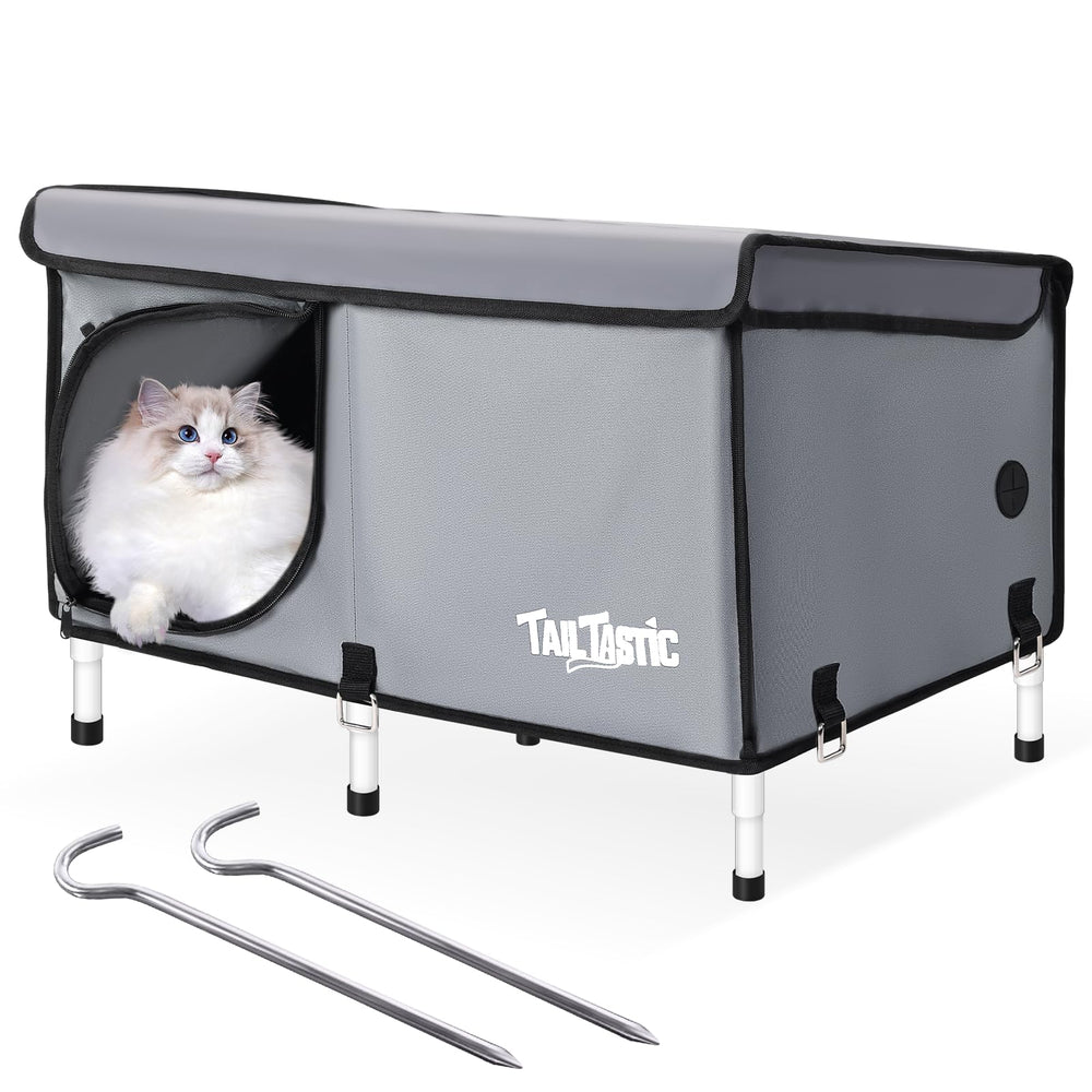 TailTastic casa-gato exterior impermeable ofrece refugio seguro para gatos al aire libre.