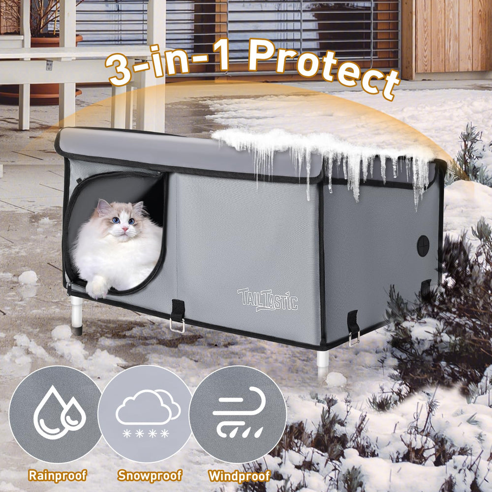 TailTastic casa-gato techo-inclinado evita acumulación de agua y nieve.