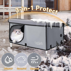 TailTastic casa-gato techo-inclinado evita acumulación de agua y nieve.