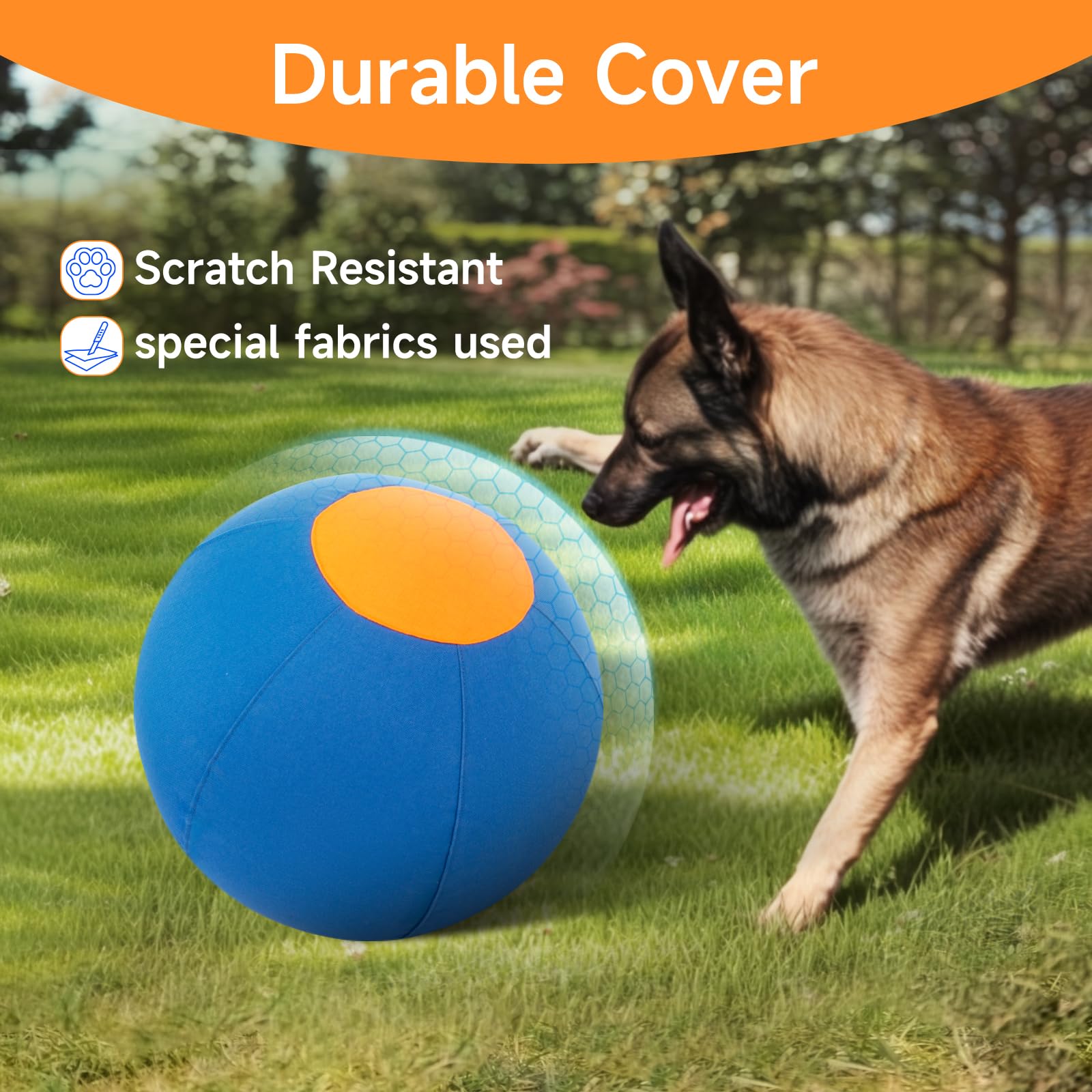 TailWaggers Jingle Herding Ball en azul y naranja para mayor visibilidad