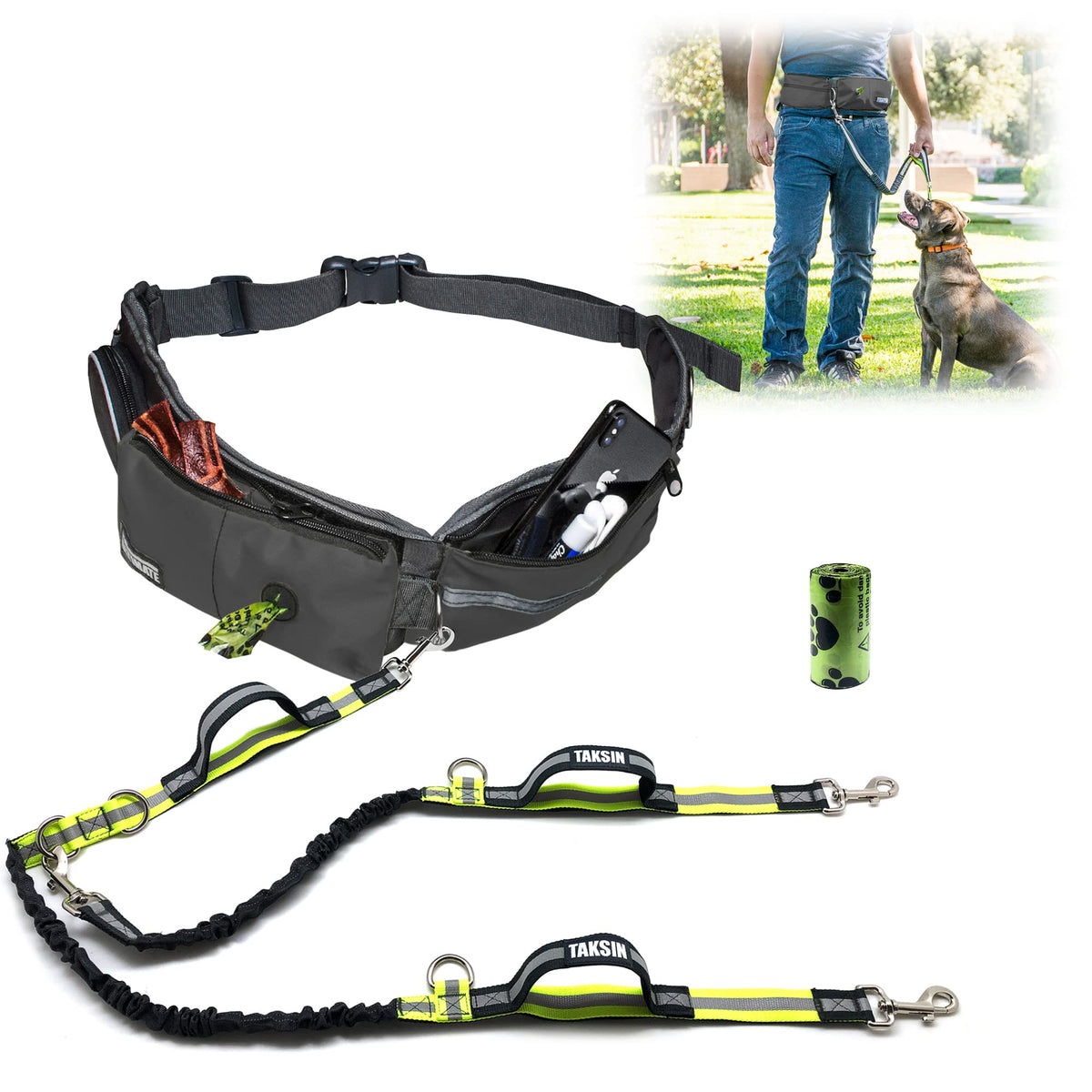 TAKSIN sistema doble correa para dos perros con reflectante y bungee, caminatas más seguras.