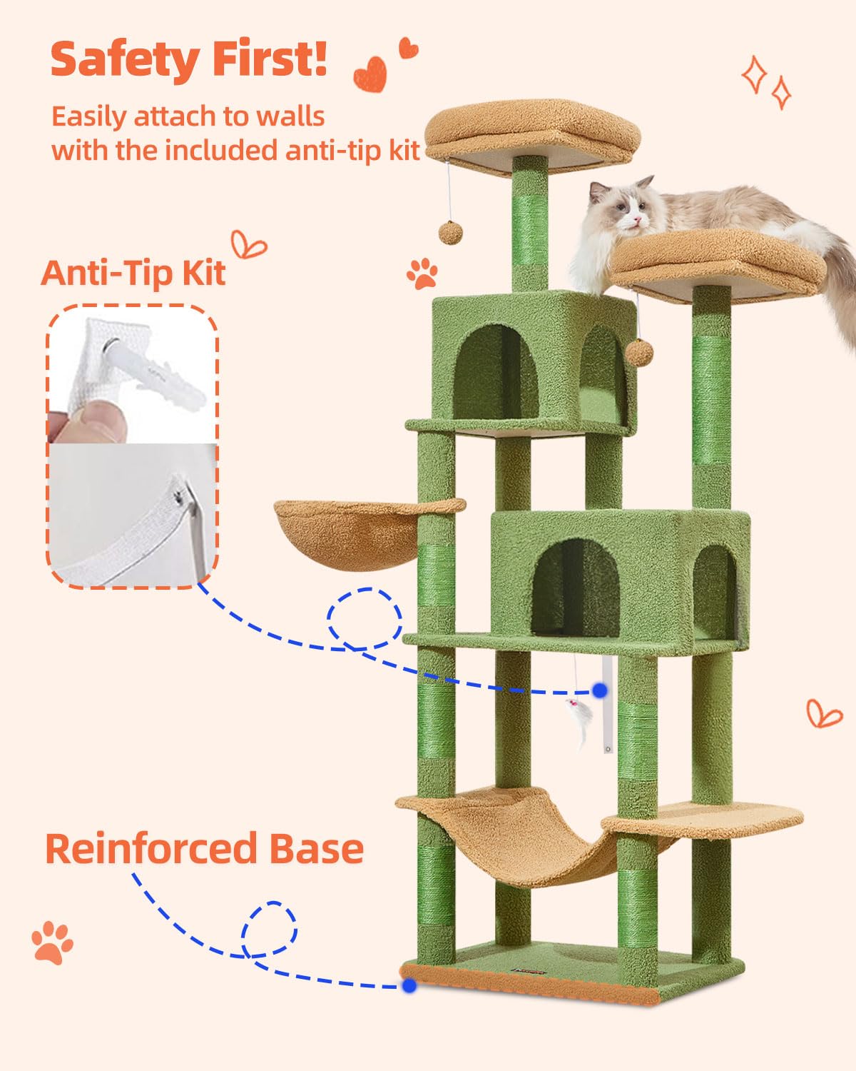 Taoqimiao árbol para gatos 66,2 pulgadas, base reforzada para estabilidad.