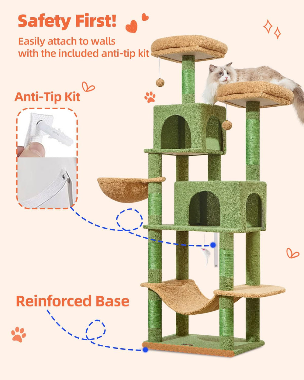 Taoqimiao árbol para gatos 66,2 pulgadas, base reforzada para estabilidad.