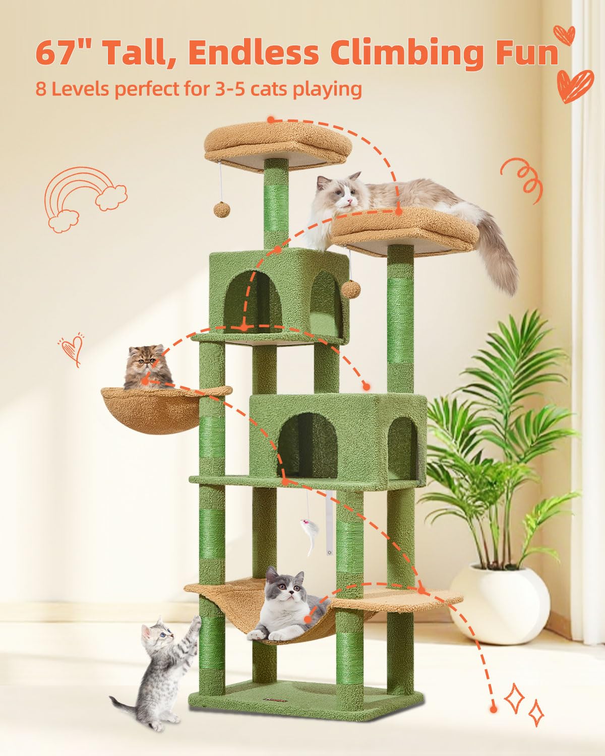 Taoqimiao árbol para gatos 66,2 pulgadas, cesta colgante para descanso.
