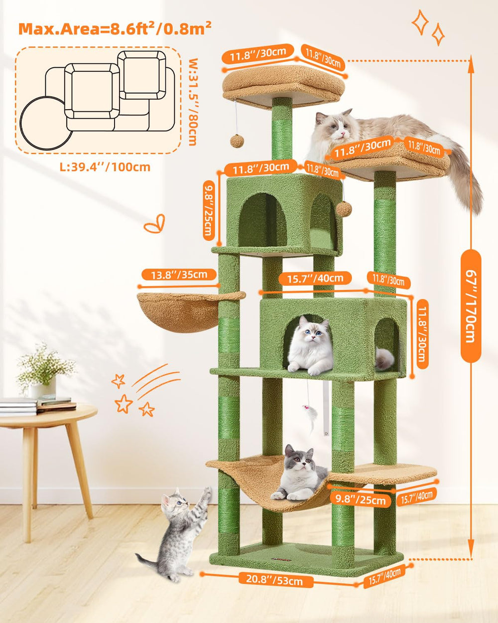 Taoqimiao árbol para gatos 66,2 pulgadas, hamaca suave para relajación.