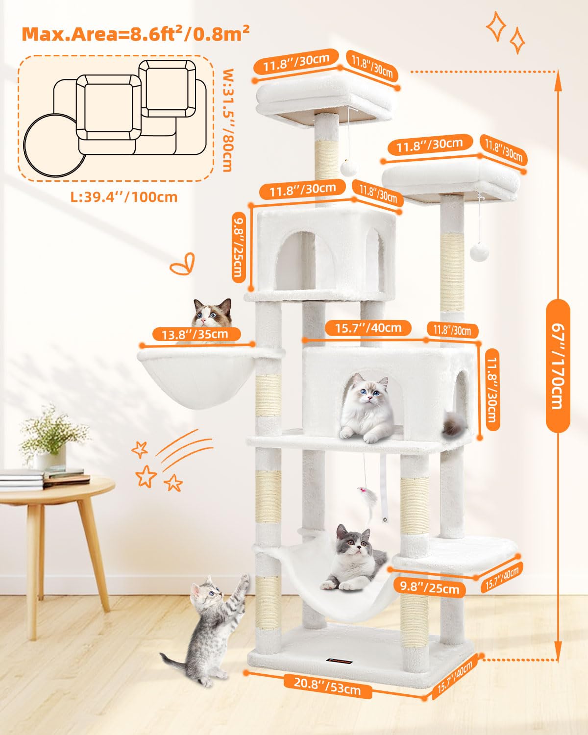 Taoqimiao arbol-gato 66,2 pulgadas torre multicapas ofrece espacio de escalada para gatos activos.