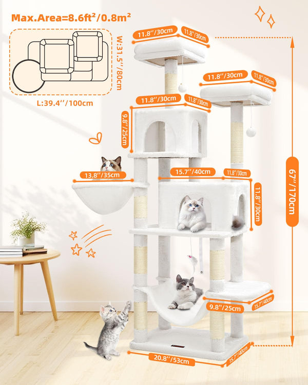 Taoqimiao arbol-gato 66,2 pulgadas torre multicapas ofrece espacio de escalada para gatos activos.