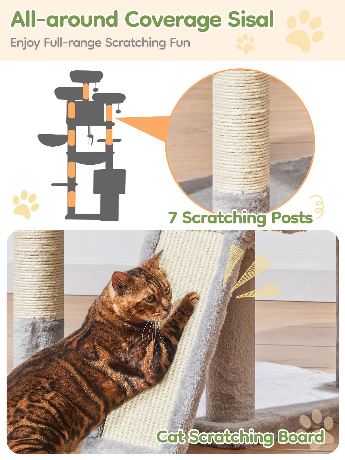 Taoqimiao árbol para gatos XXL con siete postes de sisal para arañar sin dañar muebles.