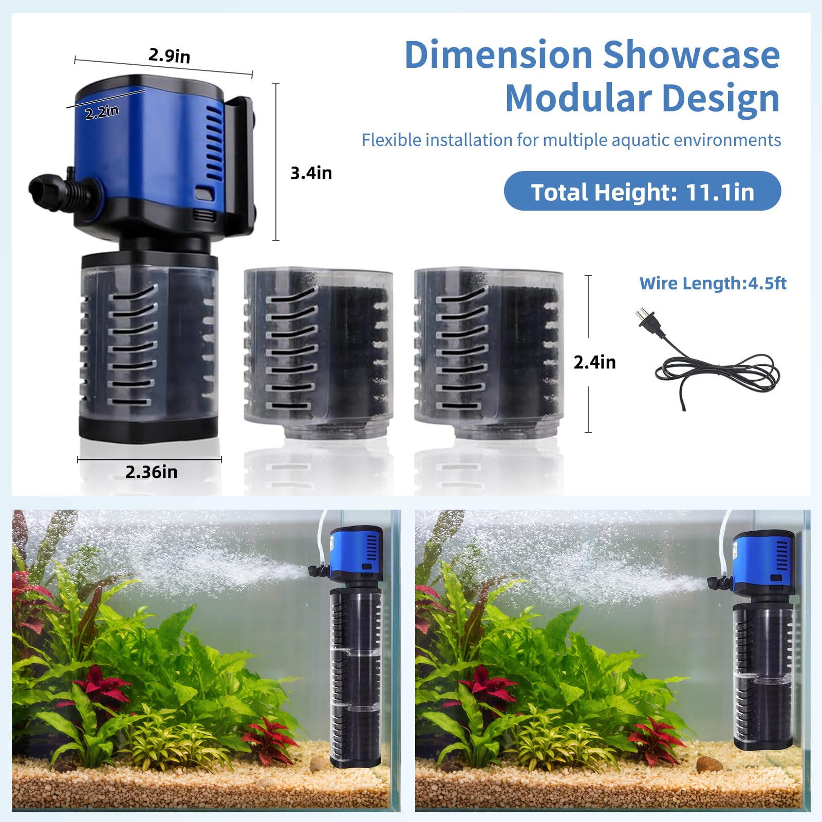 Tararium Filtro de Acuario 260 GPH para 30-75 galones | Filtración interna 4 en 1, silencioso y eficiente