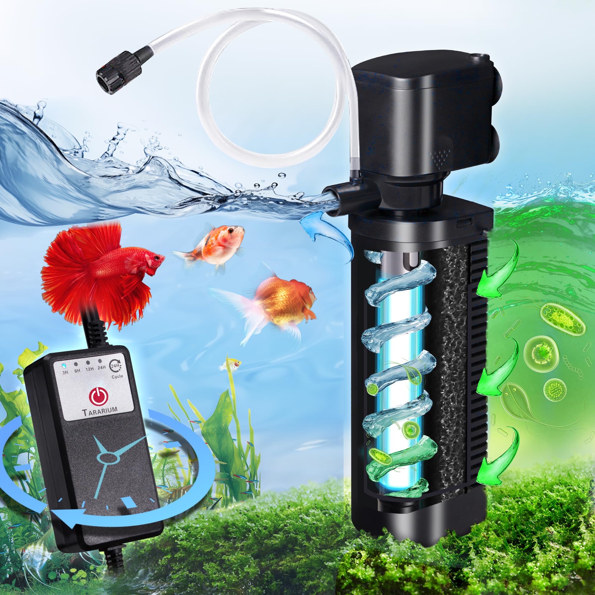 Tararium Filtro UV para acuario con temporizador mejora la claridad del agua.