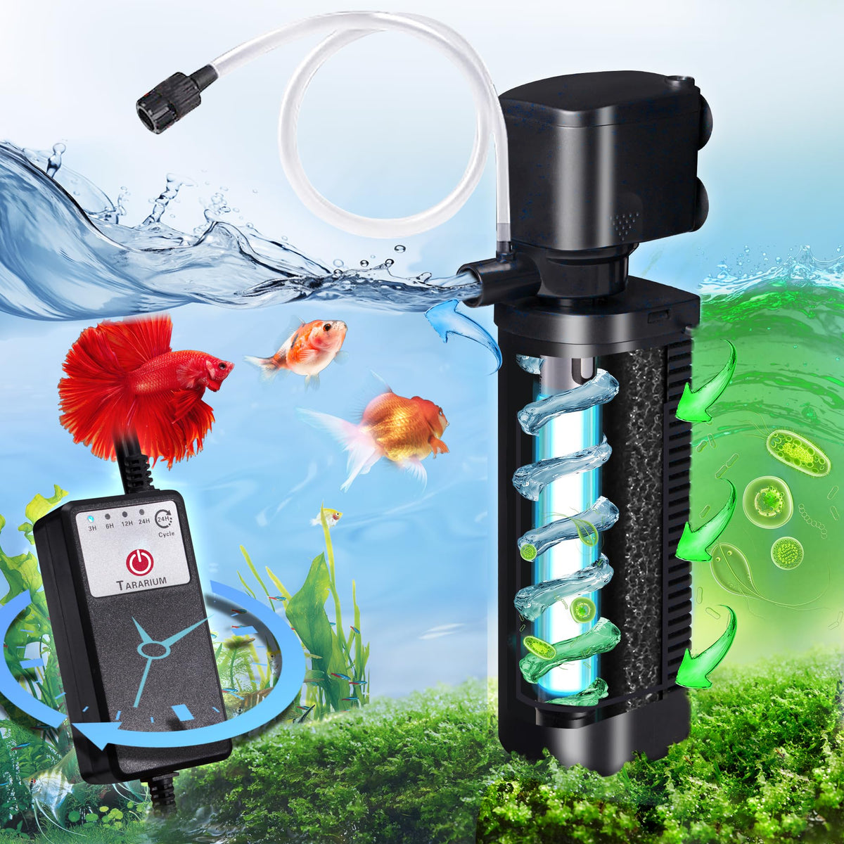 Tararium Filtro UV para acuario con temporizador mejora la claridad del agua.