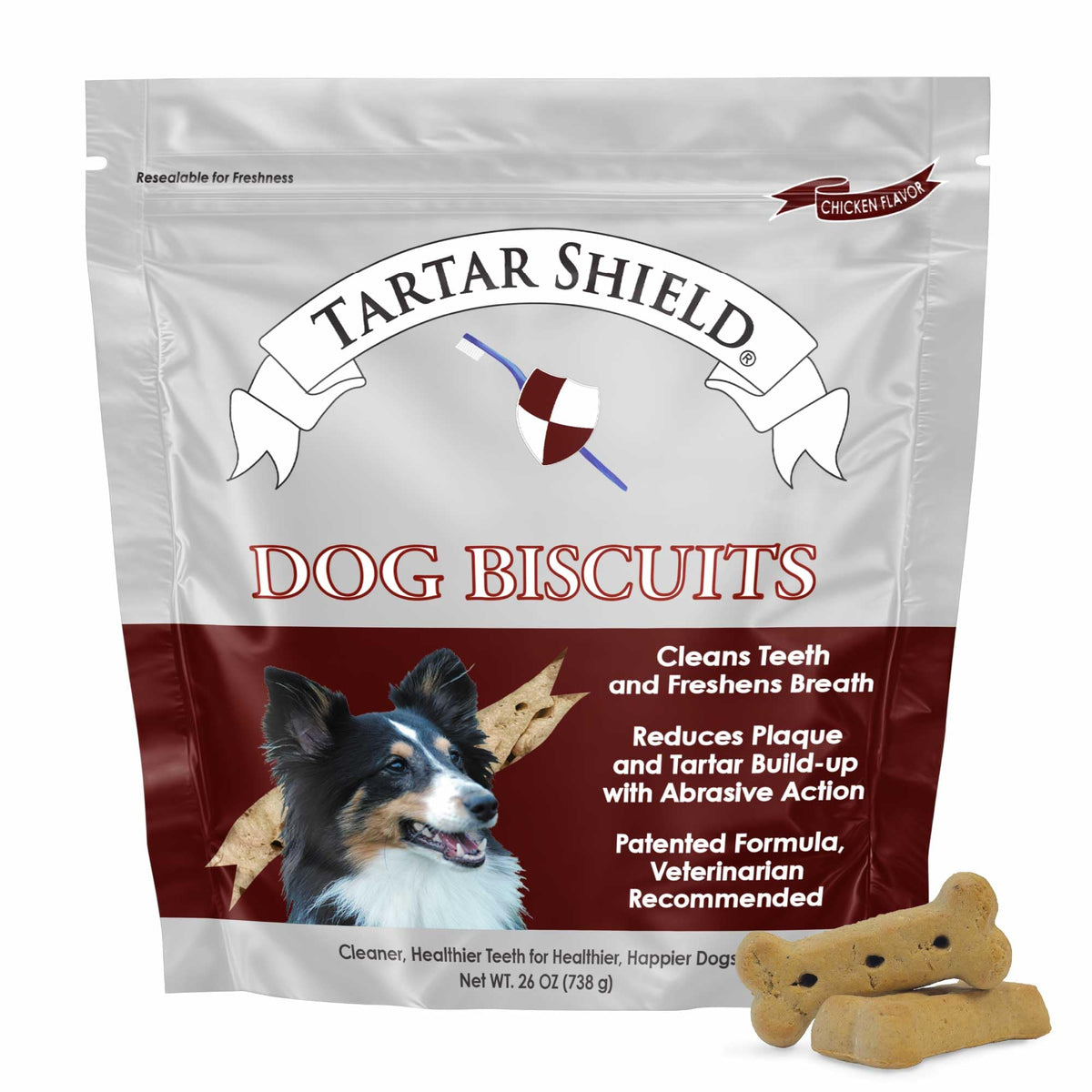 Tartar Shield galletas dentales en empaque, cuidado dental práctico para perros.