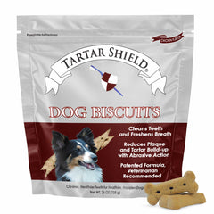 Tartar Shield galletas dentales en empaque, cuidado dental práctico para perros.