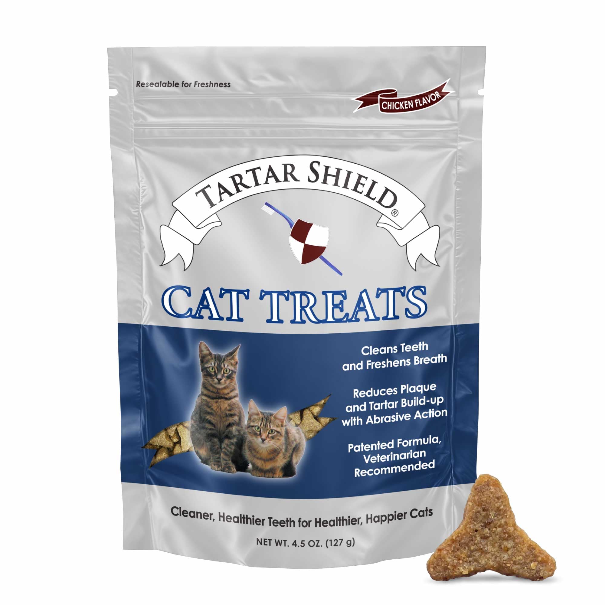 Golosinas Tartar Shield para gatos muestran limpieza dental y aliento fresco.