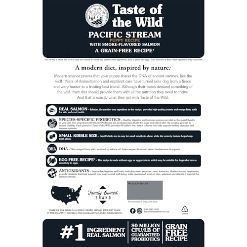 Taste of the Wild Pacific Stream en tazón con croquetas para cachorros.