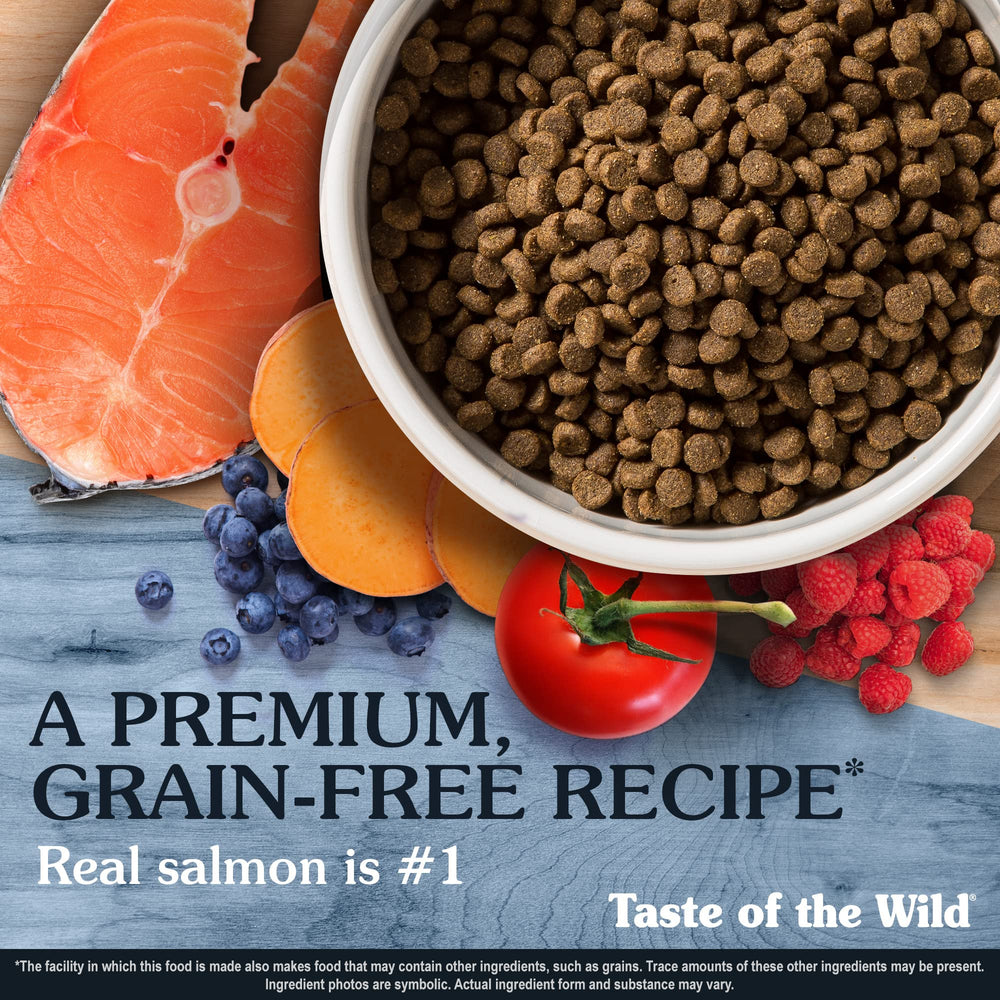 Taste of the Wild salmón real en primer plano, proteína destacada.