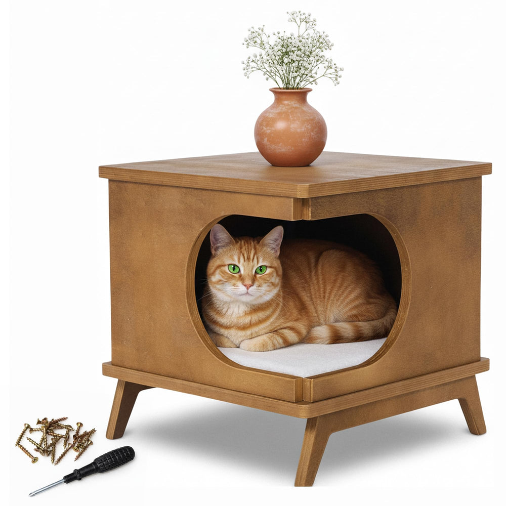 TAYROCK cama-gato junto a la mesa lateral de madera, cómodo y elegante.