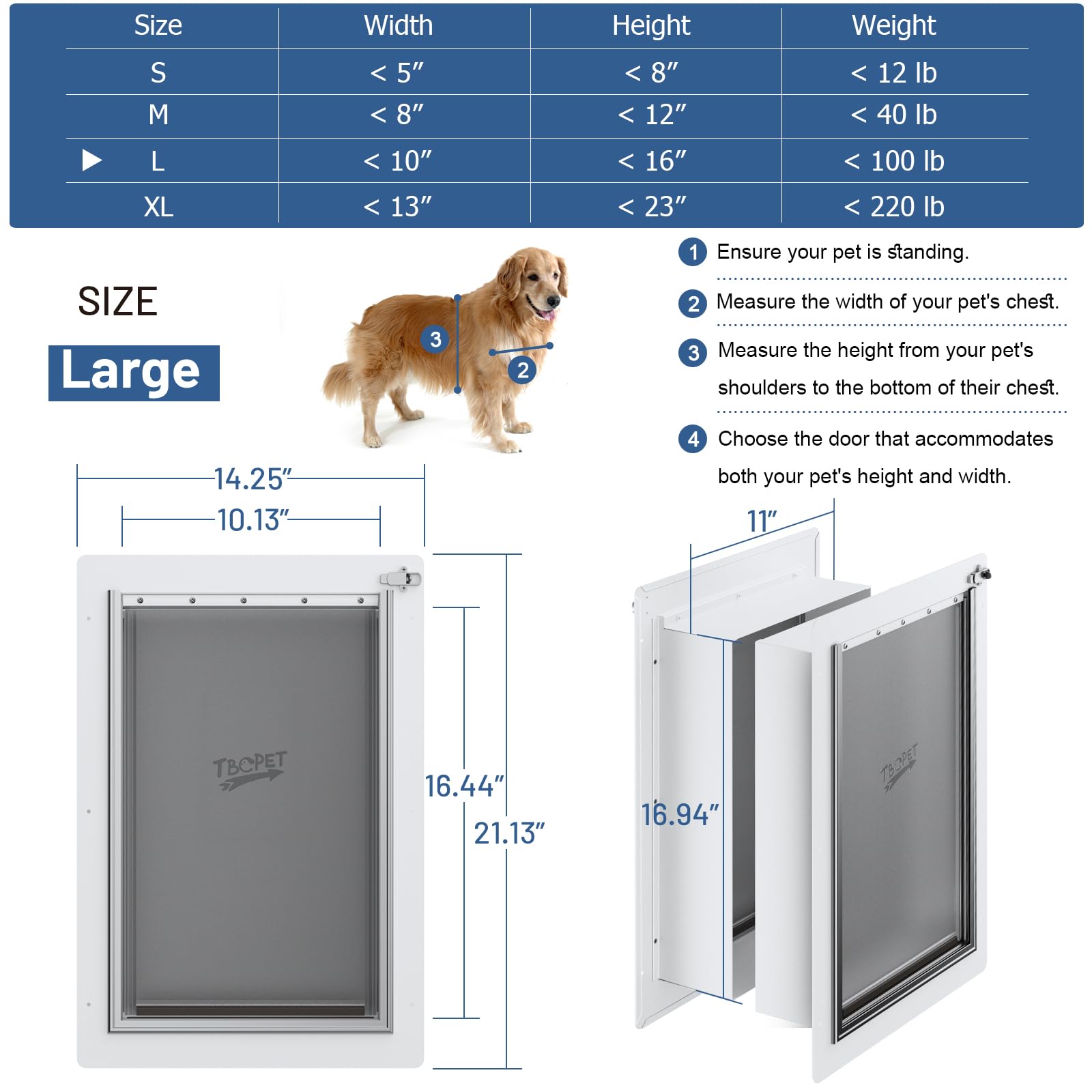 TBC PET puerta con túnel ajustable para paredes de 4.13 a 7.87 pulgadas.
