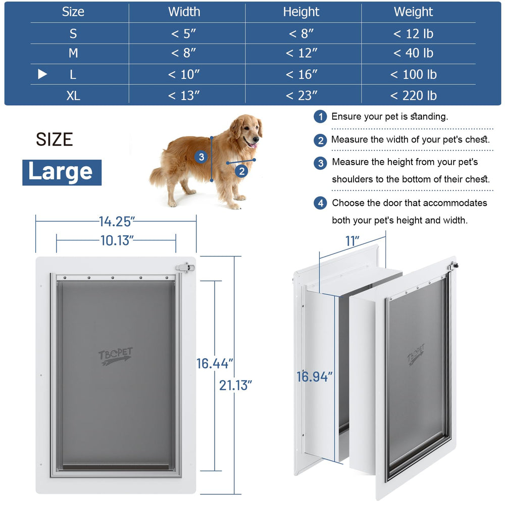 TBC PET puerta con túnel ajustable para paredes de 4.13 a 7.87 pulgadas.