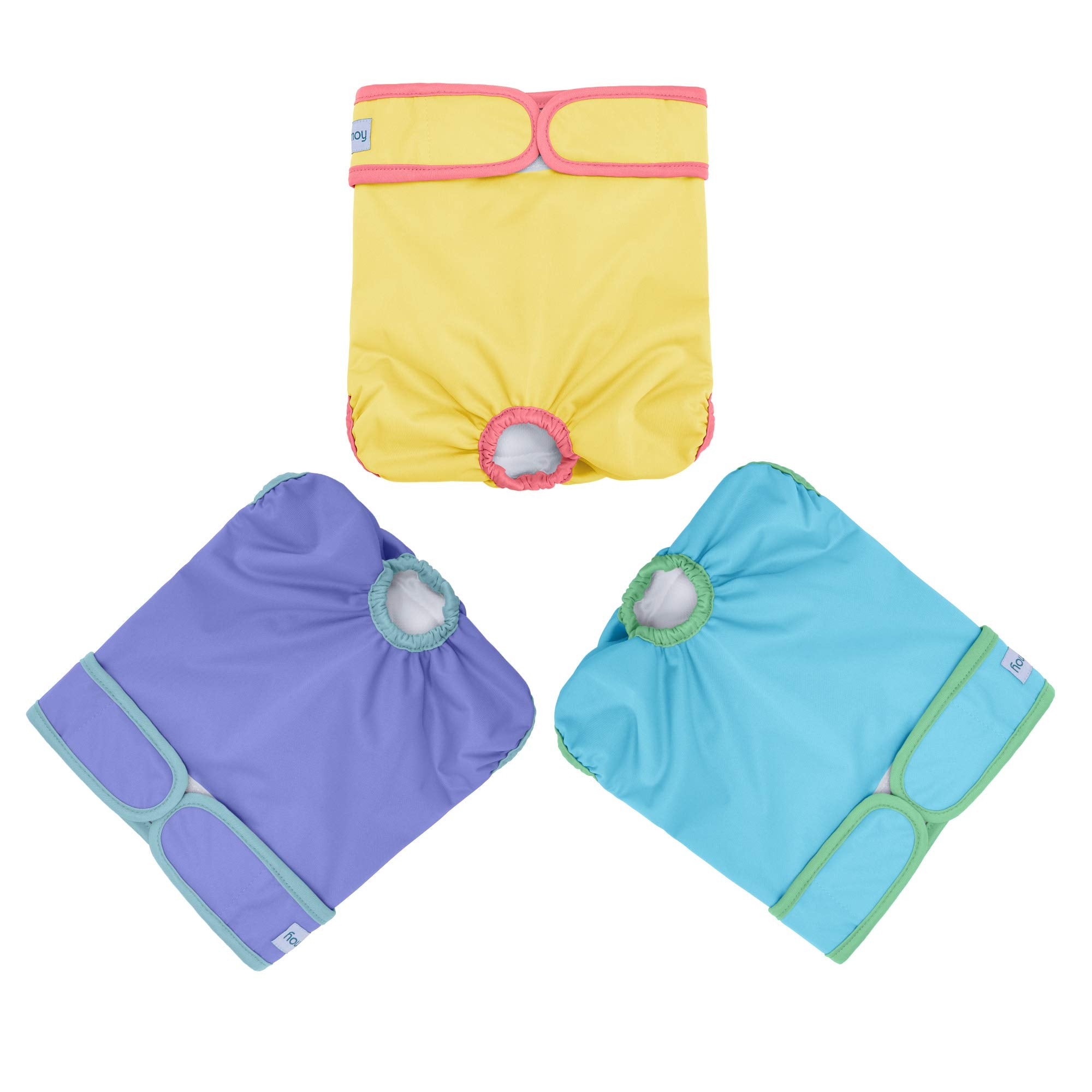 Teamoy pañales para perras lavables con colores amarillo, morado y azul para uso diario.