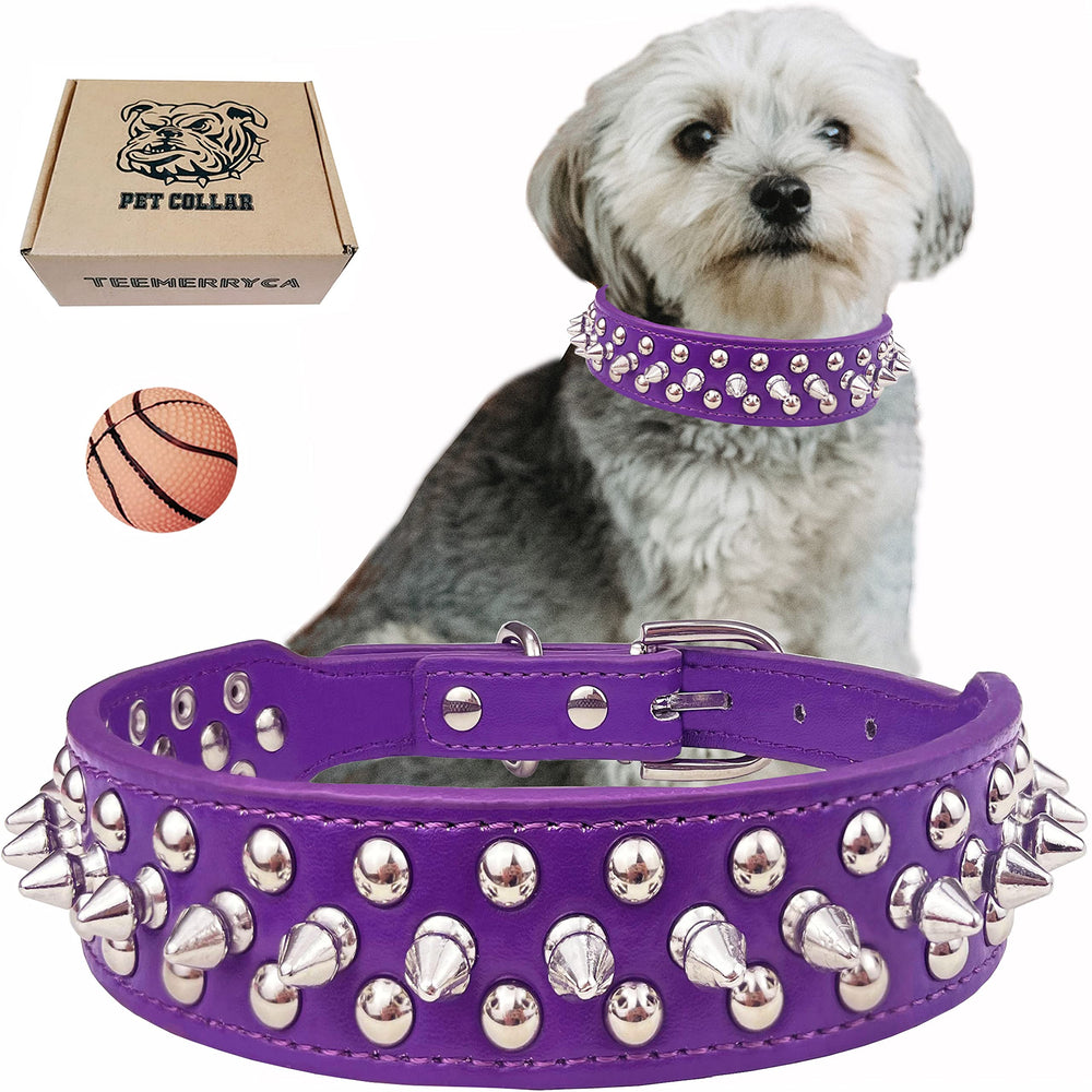 Collar TEEMERRYCA con tachuelas ajustable en PU morado para paseos.