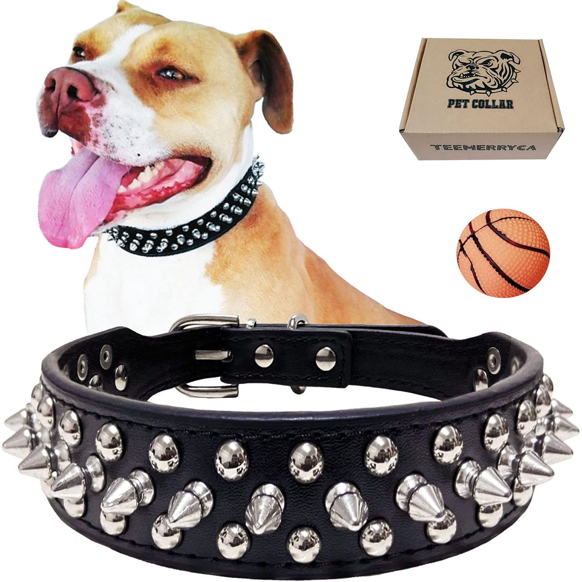 Collar TEEMERRYCA con tachuelas ajustable en negro, duradero y cómodo para mascotas.